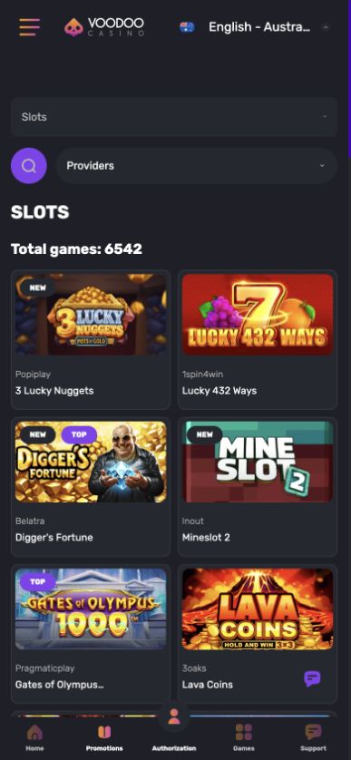 Voodoo Casino mobile Slots catalogue with search, Providers filter, real game covers and bottom navigation